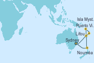 Visitando Sydney (Australia), Nouméa (Nueva Caledonia), Lifou (Isla Loyalty/Nueva Caledonia), Puerto Vila (Vanuatu), Isla Mystery (Vanuatu), Sydney (Australia)