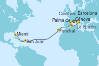 Visitando Génova (Italia), La Spezia, Florencia y Pisa (Italia), Civitavecchia (Roma), Palma de Mallorca (España), Barcelona, Funchal (Madeira), San Juan (Puerto Rico), Miami (Florida/EEUU)