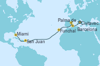 Visitando Civitavecchia (Roma), Palma de Mallorca (España), Barcelona, Funchal (Madeira), San Juan (Puerto Rico), Miami (Florida/EEUU)