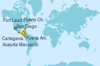 Visitando San Diego (California/EEUU), Manzanillo (México), Puerto Chiapas (México), Acajutla (El Salvador), Fuerte Amador (Panamá), Fuerte Amador (Panamá), Cartagena de Indias (Colombia), Fort Lauderdale (Florida/EEUU)