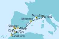 Visitando Savona (Italia), Marsella (Francia), Málaga, Gibraltar (Inglaterra), Cádiz (España), Casablanca (Marruecos), Tánger (Marruecos), Barcelona, Savona (Italia)