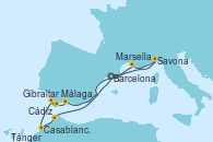 Visitando Barcelona, Savona (Italia), Marsella (Francia), Málaga, Gibraltar (Inglaterra), Cádiz (España), Casablanca (Marruecos), Tánger (Marruecos), Barcelona