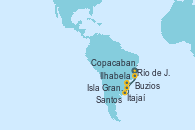 Visitando Río de Janeiro (Brasil), Buzios (Brasil), Itajaí (Brasil), Santos (Brasil), Ilhabela (Brasil), Isla Grande (Brasil), Copacabana (Brasil), Copacabana (Brasil), Río de Janeiro (Brasil)