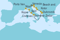 Visitando Venecia (Italia), Koper (Eslovenia), Beach and Pula (Croacia), Zadar (Croacia), Split (Croacia), Dubrovnik (Croacia), Kotor (Montenegro), Sorrento (Nápoles/Italia), Civitavecchia (Roma), Porto Venere (Italia), Niza (Francia)