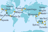 Visitando San Francisco (California/EEUU), Honolulu (Hawái), Honolulu (Hawái), Nawiliwili, Hawaii, Kailua Kona (Hawai/EEUU), Moorea (Tahití), Bora Bora (Polinesia), Papeete (Tahití), Bora Bora (Polinesia), Pago Pago (Samoa), Apia (Samoa), Savusavu (Islas Fidji), Lautoka (Fiyi), Isla Norfolk (Australia), Auckland (Nueva Zelanda), Auckland (Nueva Zelanda), Tauranga (Nueva Zelanda), Napier (Nueva Zelanda), Puerto Cañaveral (Florida), Christchurch (Nueva Zelanda), Dunedin (Nueva Zelanda), Isla Stewart (Nueva Zelanda), Milfjord Sound (Nueva Zelanda), Hobart (Australia), Melbourne (Australia), Eden (Nueva Gales), Sydney (Australia), Sydney (Australia), Isla Canguro (Australia), Adelaide (Australia), Port Lincoln (Australia), Albany (Australia), Bunbury (Australia), Perth (Australia), Perth (Australia), BENOA, BALI, Celukan Bawang (Bali/Indonesia), Singapur, Ko Samui (Tailandia), Laem Chabang (Bangkok/Thailandia), Laem Chabang (Bangkok/Thailandia), Sihanoukville (Camboya), Ciudad Ho Chi Minh (Vietnam), Ciudad Ho Chi Minh (Vietnam), Ciudad Ho Chi Minh (Vietnam), Hue (Vietnam), Cat Ba Island (Halong Bay/Vietnam), Cat Ba Island (Halong Bay/Vietnam), Hong Kong (China), Hong Kong (China), Keelung (Taiwán), Ishigaki (Japón), Naha (Japón), Shanghái (China), Shanghái (China), Shanghái (China), Dalian (China), Tianjin Xingang (China), Tianjin Xingang (China), Incheon (Corea del Sur), Yeosu (Corea del Sur), Busán (Corea del Sur), Busán (Corea del Sur), Fukuoka (Japón), Moji/ Kitakyushu (Japón), Hiroshima (Japón), Beppu (Japón), Kochi (Japón), Kobe (Japón), Kobe (Japón), Shimizu (Japón), Tokio (Japón), Tokio (Japón), OARAI, Islas Miyako (Japón), Isla Kodiak (Alaska), Juneau (Alaska), Sitka (Alaska), Ketchikan (Alaska), Vancouver (Canadá), Seattle (Washington/EEUU), Victoria (Canadá), Astoria (Oregón), San Francisco (California/EEUU), San Diego (California/EEUU), Cabo San Lucas (México), Acapulco (México), Puerto Quetzal (Guatemala), Acajutla (El Salvador), Puntarenas (Costa Rica), Cartagena de Indias (Colombia), Cartagena de Indias (Colombia), Miami (Florida/EEUU), Nueva York (Estados Unidos), Newport (Rhode Island), Canal Cape Cod (Massachusetts/EEUU), Boston (Massachusetts), Halifax (Canadá), Saint John (New Brunswick/Canadá), Cobh, Cork (Irlanda), Cobh, Cork (Irlanda), Plymouth (Inglaterra), Le Havre (Francia), Tilbury (Gran Bretaña), Ámsterdam (Holanda), Warnemunde (Alemania), Roenne (Dinamarca), Gdansk (Polonia), Klaipeda (Lituania), Riga (Letonia), Tallin (Estonia), Helsinki (Finlandia), Estocolmo (Suecia), Estocolmo (Suecia), Copenhague (Dinamarca) Visitando San Francisco (California/EEUU), Honolulu (Hawái), Honolulu (Hawái), Nawiliwili, Hawaii, Kailua Kona (Hawai/EEUU), Moorea (Tahití), Bora Bora (Polinesia), Papeete (Tahití), Bora Bora (Polinesia), Pago Pago (Samoa), Apia (Samoa), Savusavu (Islas Fidji), Lautoka (Fiyi), Isla Norfolk (Australia), Auckland (Nueva Zelanda), Auckland (Nueva Zelanda), Tauranga (Nueva Zelanda), Napier (Nueva Zelanda), Puerto Cañaveral (Florida), Christchurch (Nueva Zelanda), Dunedin (Nueva Zelanda), Isla Stewart (Nueva Zelanda), Milfjord Sound (Nueva Zelanda), Hobart (Australia), Melbourne (Australia), Eden (Nueva Gales), Sydney (Australia), Sydney (Australia), Isla Canguro (Australia), Adelaide (Australia), Port Lincoln (Australia), Albany (Australia), Bunbury (Australia), Perth (Australia), Perth (Australia), BENOA, BALI, Celukan Bawang (Bali/Indonesia), Singapur, Ko Samui (Tailandia), Laem Chabang (Bangkok/Thailandia), Laem Chabang (Bangkok/Thailandia), Sihanoukville (Camboya), Ciudad Ho Chi Minh (Vietnam), Ciudad Ho Chi Minh (Vietnam), Ciudad Ho Chi Minh (Vietnam), Hue (Vietnam), Cat Ba Island (Halong Bay/Vietnam), Cat Ba Island (Halong Bay/Vietnam), Hong Kong (China), Hong Kong (China), Keelung (Taiwán), Ishigaki (Japón), Naha (Japón), Shanghái (China), Shanghái (China), Shanghái (China), Dalian (China), Tianjin Xingang (China), Tianjin Xingang (China), Incheon (Corea del Sur), Yeosu (Corea del Sur), Busán (Corea del Sur), Busán (Corea del Sur), Fukuoka (Japón), Moji/ Kitakyushu (Japón), Hiroshima (Japón), Beppu (Japón), Kochi (Japón), Kobe (Japón), Kobe (Japón), Shimizu (Japón), Tokio (Japón), Tokio (Japón), OARAI, Islas Miyako (Japón), Isla Kodiak (Alaska), Juneau (Alaska), Sitka (Alaska), Ketchikan (Alaska), Vancouver (Canadá), Seattle (Washington/EEUU), Victoria (Canadá), Astoria (Oregón), San Francisco (California/EEUU), San Diego (California/EEUU), Cabo San Lucas (México), Acapulco (México), Puerto Quetzal (Guatemala), Acajutla (El Salvador), Puntarenas (Costa Rica), Cartagena de Indias (Colombia), Cartagena de Indias (Colombia), Miami (Florida/EEUU), Nueva York (Estados Unidos), Newport (Rhode Island), Canal Cape Cod (Massachusetts/EEUU), Boston (Massachusetts), Halifax (Canadá), Saint John (New Brunswick/Canadá), Cobh, Cork (Irlanda), Cobh, Cork (Irlanda), Plymouth (Inglaterra), Le Havre (Francia), Tilbury (Gran Bretaña), Ámsterdam (Holanda), Warnemunde (Alemania), Roenne (Dinamarca), Gdansk (Polonia), Klaipeda (Lituania), Riga (Letonia), Tallin (Estonia), Helsinki (Finlandia), Estocolmo (Suecia), Estocolmo (Suecia), Copenhague (Dinamarca)