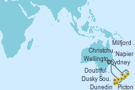 Visitando Sydney (Australia), Picton (Australia), Napier (Nueva Zelanda), Wellington (Nueva Zelanda), Christchurch (Nueva Zelanda), Dunedin (Nueva Zelanda), Dusky Sound (Nueva Zelanda), Doubtful Sound (Nueva Zelanda), Milfjord Sound (Nueva Zelanda), Sydney (Australia)