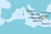 Visitando Atenas (Grecia), Mykonos (Grecia), Kusadasi (Efeso/Turquía), Santorini (Grecia), Messina (Sicilia), Salerno (Italia), Civitavecchia (Roma)