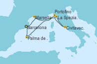 Visitando Barcelona, Marsella (Francia), La Spezia, Florencia y Pisa (Italia), Civitavecchia (Roma), Portofino (Italia), Palma de Mallorca (España), Barcelona