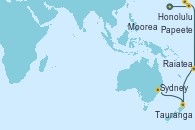 Visitando Honolulu (Hawai), Papeete (Tahití), Moorea (Tahití), Raiatea (Polinesia Francesa), Tauranga (Nueva Zelanda), Sydney (Australia)