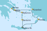 Visitando Aghios Nikolaos (Grecia), Santorini (Grecia), Mykonos (Grecia), Mykonos (Grecia), Milos (Grecia), Atenas (Grecia), Kusadasi (Efeso/Turquía), Rodas (Grecia), Aghios Nikolaos (Grecia)