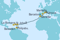 Visitando Génova (Italia), Marsella (Francia), Barcelona, Gibraltar (Inglaterra), St. John´s (Antigua y Barbuda), Philipsburg (St. Maarten), Basseterre (Antillas), La Romana (República Dominicana)