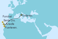 Visitando Civitavecchia (Roma), Fuerteventura (Canarias/España), Arrecife (Lanzarote/España), Santa Cruz de Tenerife (España), Fuerteventura (Canarias/España), Funchal (Madeira)