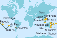 Visitando Hong Kong (China), Subic Bay -  Philippines, Boracay (Filipinas), Puerto Princesa Palawan (Filipinas), Bali (Indonesia), Bali (Indonesia), Darwin (Australia), Cairns (Australia), Brisbane (Australia), Sydney (Australia), Nouméa (Nueva Caledonia), Lifou (Isla Loyalty/Nueva Caledonia), Suva (Fiyi), Nukualofa (Tongatapu), Rarotonga (Islas Cook), Papeete (Tahití), Islas Pitcairn (Pacífico), Isla Pascua (Chile), San Antonio (Chile)