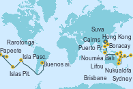 Visitando Hong Kong (China), Subic Bay -  Philippines, Boracay (Filipinas), Puerto Princesa Palawan (Filipinas), Bali (Indonesia), Bali (Indonesia), Darwin (Australia), Cairns (Australia), Brisbane (Australia), Sydney (Australia), Nouméa (Nueva Caledonia), Lifou (Isla Loyalty/Nueva Caledonia), Suva (Fiyi), Nukualofa (Tongatapu), Rarotonga (Islas Cook), Papeete (Tahití), Islas Pitcairn (Pacífico), Isla Pascua (Chile), San Antonio (Chile), Puerto Montt (Chile), Puerto Chacabuco (Chile), Punta Arenas (Chile), Ushuaia (Argentina), Ushuaia (Argentina), Puerto Madryn (Argentina), Buenos aires