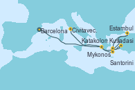 Visitando Barcelona, Kusadasi (Efeso/Turquía), Mykonos (Grecia), Estambul (Turquía), Estambul (Turquía), Santorini (Grecia), Katakolon (Olimpia/Grecia), Civitavecchia (Roma)
