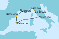 Visitando Marsella (Francia), Génova (Italia), La Spezia, Florencia y Pisa (Italia), Civitavecchia (Roma), Palma de Mallorca (España), Barcelona, Marsella (Francia)