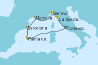 Visitando Civitavecchia (Roma), Palma de Mallorca (España), Barcelona, Marsella (Francia), Génova (Italia), La Spezia, Florencia y Pisa (Italia), Civitavecchia (Roma)