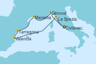 Visitando Civitavecchia (Roma), Génova (Italia), Marsella (Francia), Tarragona (España), Valencia, La Spezia, Florencia y Pisa (Italia), Civitavecchia (Roma)