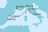 Visitando Marsella (Francia), Tarragona (España), Valencia, La Spezia, Florencia y Pisa (Italia), Civitavecchia (Roma), Génova (Italia), Marsella (Francia)