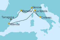 Visitando Tarragona (España), Valencia, La Spezia, Florencia y Pisa (Italia), Civitavecchia (Roma), Génova (Italia), Marsella (Francia), Tarragona (España)