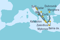 Visitando Bari (Italia), Dubrovnik (Croacia), Zakinthos (Grecia), Corfú (Grecia), Split (Croacia), Zadar (Croacia), Marghera (Venecia/Italia), Bari (Italia), Bahía de Souda (Grecia), Mykonos (Grecia), Katakolon (Olimpia/Grecia), Marghera (Venecia/Italia), Bari (Italia)
