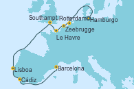 Visitando Hamburgo (Alemania), Rotterdam (Holanda), Zeebrugge (Bruselas), Le Havre (Francia), Southampton (Inglaterra), Lisboa (Portugal), Cádiz (España), Barcelona