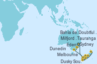 Visitando Sydney (Australia), Eden (Nueva Gales), Melbourne (Australia), Melbourne (Australia), Dusky Sound (Nueva Zelanda), Milfjord Sound (Nueva Zelanda), Doubtful Sound (Nueva Zelanda), Dunedin (Nueva Zelanda), Tauranga (Nueva Zelanda), Bahía de las Islas (Nueva Zelanda), Sydney (Australia)