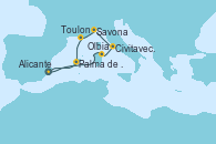 Visitando Alicante (España), Olbia (Cerdeña), Civitavecchia (Roma), Savona (Italia), Toulon (Francia), Palma de Mallorca (España), Alicante (España)
