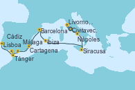 Visitando Civitavecchia (Roma), Livorno, Pisa y Florencia (Italia), Nápoles (Italia), Siracusa (Sicilia), Ibiza (España), Barcelona, Cartagena (Murcia), Málaga, Cádiz (España), Tánger (Marruecos), Lisboa (Portugal)
