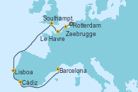 Visitando Rotterdam (Holanda), Zeebrugge (Bruselas), Le Havre (Francia), Southampton (Inglaterra), Lisboa (Portugal), Cádiz (España), Barcelona
