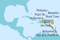 Visitando Fuerte de France (Martinica), Pointe a Pitre (Guadalupe), Road Town (Isla Tórtola/Islas Vírgenes), La Romana (República Dominicana), Samana (República Dominicana), Virgin Gorda (Islas Virgenes), Basseterre (Antillas), Philipsburg (St. Maarten), Isla Catalina (República Dominicana), La Romana (República Dominicana), Isla Catalina (República Dominicana), Bridgetown (Barbados), Fuerte de France (Martinica)