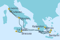 Visitando Civitavecchia (Roma), Santorini (Grecia), Atenas (Grecia), Mykonos (Grecia), Katakolon (Olimpia/Grecia), La Valletta (Malta), Siracusa (Sicilia), Nápoles (Italia), Livorno, Pisa y Florencia (Italia), Civitavecchia (Roma)