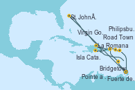 Visitando Bridgetown (Barbados), Fuerte de France (Martinica), Pointe a Pitre (Guadalupe), Road Town (Isla Tórtola/Islas Vírgenes), La Romana (República Dominicana), Isla Catalina (República Dominicana), Virgin Gorda (Islas Virgenes), Philipsburg (St. Maarten), Fuerte de France (Martinica), St. John´s (Antigua y Barbuda), La Romana (República Dominicana), Isla Catalina (República Dominicana), Bridgetown (Barbados)
