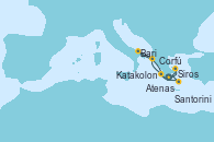 Visitando Atenas (Grecia), Siros (Grecia), Katakolon (Olimpia/Grecia), Corfú (Grecia), Bari (Italia), Santorini (Grecia), Atenas (Grecia)