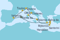 Visitando Palma de Mallorca (España), Bahía de Souda (Grecia), Mykonos (Grecia), Santorini (Grecia), Heraklion (Creta), Palermo (Italia), Olbia (Cerdeña), Civitavecchia (Roma), Savona (Italia), Toulon (Francia), Valencia, Palma de Mallorca (España)