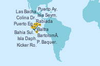 Visitando Baltra (Galápagos), Puerto Egas (Isla San Salvador/Galápagos/Ecuador), Rabiada (Galápagos/Ecuador), Colina Dragón (Santa Cruz), Bahia Sullivan  (Santiago), Bartolomé (Galápagos), Las Bachas (Santa Cruz), Isla Daphne (Galápagos), Isla Seymour Norte (Galápagos/Ecuador), P. Baquerizo (Isla San Cristobal/Galápagos), Kicker Rock (Isla San Cristóbal, Galápagos), Puerto Ayora (Galápagos/Ecuador), Baltra (Galápagos)