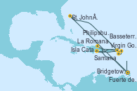 Visitando Fuerte de France (Martinica), St. John´s (Antigua y Barbuda), Virgin Gorda (Islas Virgenes), La Romana (República Dominicana), Samana (República Dominicana), Virgin Gorda (Islas Virgenes), Basseterre (Antillas), Philipsburg (St. Maarten), Isla Catalina (República Dominicana), La Romana (República Dominicana), Isla Catalina (República Dominicana), Bridgetown (Barbados), Fuerte de France (Martinica)