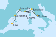 Visitando Civitavecchia (Roma), Livorno, Pisa y Florencia (Italia), Santa Margarita (Italia), Niza (Francia), Marsella (Francia), Ibiza (España), Barcelona