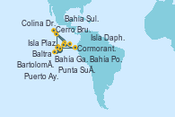 Visitando Baltra (Galápagos), Bahía Gardner (Isla Española/Galápagos), Punta Suárez (Galápagos/Ecuador), Cormorant Point (Floreana/Galápagos/Ecuador), Bahía Post Office (Floreana), Cerro Brujo (Isla San Cristóbal/Galápagos), Bartolomé (Galápagos), Bahia Sullivan (Santiago), Isla Plaza Sur (Galápagos/Ecuador), Isla Daphne (Galápagos), Colina Dragón (Santa Cruz), Puerto Ayora (Galápagos/Ecuador), Baltra (Galápagos)
