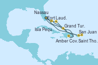 Visitando Fort Lauderdale (Florida/EEUU), Nassau (Bahamas), Amber Cove (República Dominicana), Grand Turks(Turks & Caicos), Isla Pequeña (San Salvador/Bahamas), Fort Lauderdale (Florida/EEUU), Grand Turks(Turks & Caicos), San Juan (Puerto Rico), Saint Thomas (Islas Vírgenes), Fort Lauderdale (Florida/EEUU)