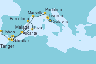 Visitando Civitavecchia (Roma), Livorno, Pisa y Florencia (Italia), Portofino (Italia), Marsella (Francia), Gibraltar (Inglaterra), Barcelona, Ibiza (España), Alicante (España), Málaga, Tánger (Marruecos), Lisboa (Portugal)
