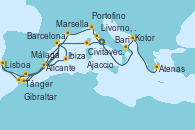Visitando Civitavecchia (Roma), Livorno, Pisa y Florencia (Italia), Portofino (Italia), Marsella (Francia), Gibraltar (Inglaterra), Barcelona, Ibiza (España), Alicante (España), Málaga, Tánger (Marruecos), Lisboa (Portugal), Alicante (España), Barcelona, Barcelona, Ajaccio (Córcega), Civitavecchia (Roma), Bari (Italia), Kotor (Montenegro), Atenas (Grecia)