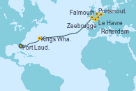 Visitando Fort Lauderdale (Florida/EEUU), Kings Wharf (Bermudas), Falmouth (Gran Bretaña), Portsmouth (Inglaterra), Le Havre (Francia), Zeebrugge (Bruselas), Rotterdam (Holanda)