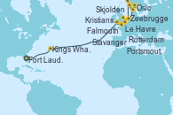 Visitando Fort Lauderdale (Florida/EEUU), Kings Wharf (Bermudas), Falmouth (Gran Bretaña), Portsmouth (Inglaterra), Le Havre (Francia), Zeebrugge (Bruselas), Rotterdam (Holanda), Oslo (Noruega), Kristiansand (Noruega), Stavanger (Noruega), Skjolden (Noruega), Rotterdam (Holanda)