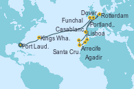 Visitando Fort Lauderdale (Florida/EEUU), Kings Wharf (Bermudas), Portland, Dorset (Reino Unido), Dover (Inglaterra), Rotterdam (Holanda), Casablanca (Marruecos), Agadir (Marruecos), Arrecife (Lanzarote/España), Santa Cruz de Tenerife (España), Funchal (Madeira), Lisboa (Portugal), Dover (Inglaterra), Rotterdam (Holanda)