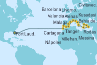 Visitando Fort Lauderdale (Florida/EEUU), Tánger (Marruecos), Málaga, Cartagena (Murcia), Valencia, Barcelona, Villefranche (Niza/Mónaco/Francia), Livorno, Pisa y Florencia (Italia), Civitavecchia (Roma), Nápoles (Italia), Nápoles (Italia), Messina (Sicilia), Bahía de Souda (Grecia), Rodas (Grecia), Kusadasi (Efeso/Turquía), Atenas (Grecia)