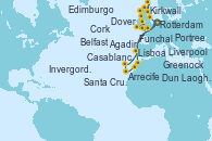 Visitando Rotterdam (Holanda), Casablanca (Marruecos), Agadir (Marruecos), Arrecife (Lanzarote/España), Santa Cruz de Tenerife (España), Funchal (Madeira), Lisboa (Portugal), Dover (Inglaterra), Rotterdam (Holanda), Edimburgo (Escocia), Invergordon (Escocia), Kirkwall (Escocia), Portree (Reino Unido), Belfast (Irlanda), Greenock (Escocia), Liverpool (Reino Unido), Dun Laoghaire (Dublin/Irlanda), Cork (Irlanda), Dover (Inglaterra), Rotterdam (Holanda)