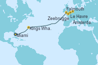 Visitando Miami (Florida/EEUU), Kings Wharf (Bermudas), Falmouth (Gran Bretaña), Le Havre (Francia), Zeebrugge (Bruselas), Ámsterdam (Holanda)