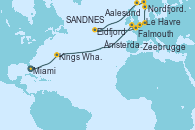 Visitando Miami (Florida/EEUU), Kings Wharf (Bermudas), Falmouth (Gran Bretaña), Le Havre (Francia), Zeebrugge (Bruselas), Ámsterdam (Holanda), Eidfjord (Hardangerfjord/Noruega), Aalesund (Noruega), Nordfjordeid, SANDNES (STAVANGER), Ámsterdam (Holanda)