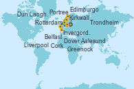 Visitando Dover (Inglaterra), Rotterdam (Holanda), Edimburgo (Escocia), Invergordon (Escocia), Kirkwall (Escocia), Portree (Reino Unido), Belfast (Irlanda), Greenock (Escocia), Liverpool (Reino Unido), Dun Laoghaire (Dublin/Irlanda), Cork (Irlanda), Dover (Inglaterra), Rotterdam (Holanda), Aalesund (Noruega), Trondheim (Noruega), Honningsvag (Noruega), Tromso (Noruega), Andalsnes (Noruega), Nordfjordeid, Lerwick (Escocia), Invergordon (Escocia), Dover (Inglaterra)
